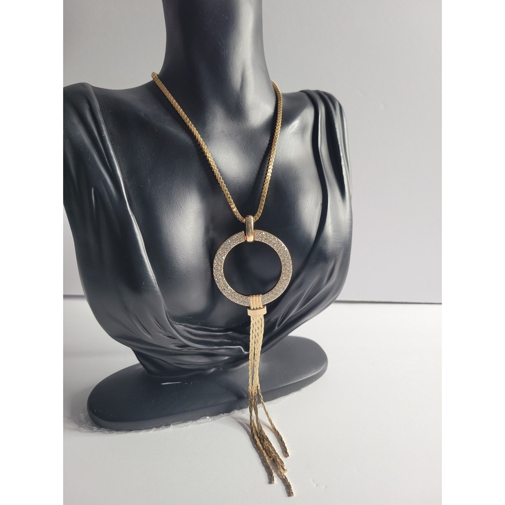 Gold Tone Pave Crystal Circle Tassel Long Necklace Statement Jewelry Adjustable